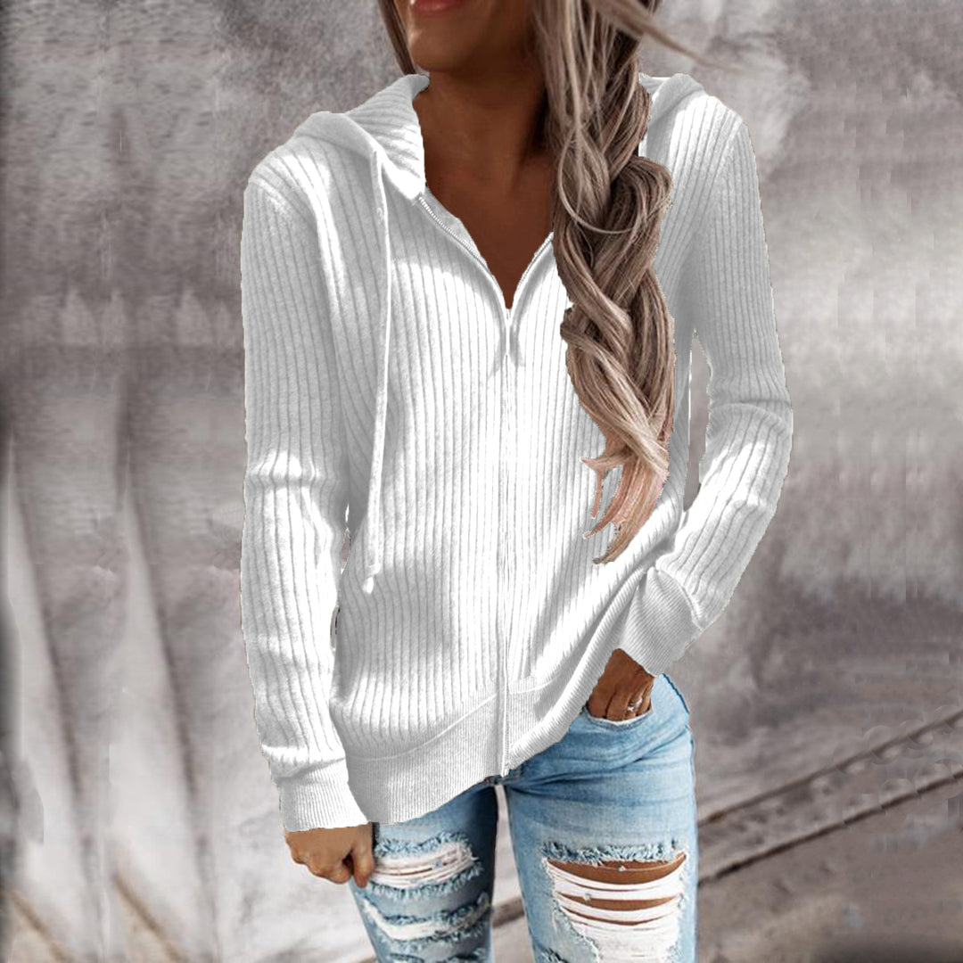Women's Ribbed Hooded Sweater with Zipper and Front Pockets Mune Fashion
