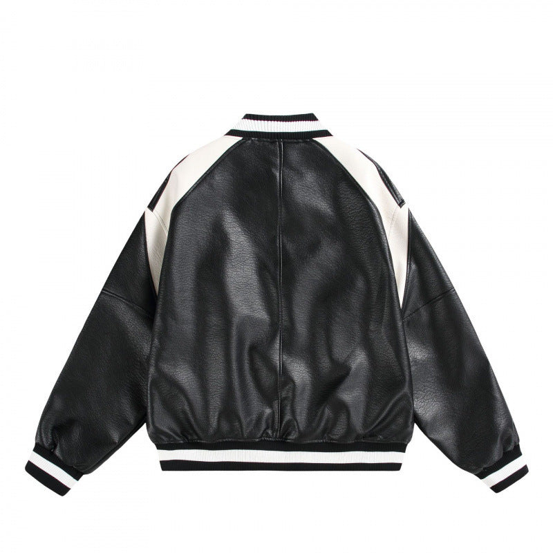 Unisex Boxy Oversized Faux Leather Bomber Jacket with Contrast Panels and Ribbed Cuffs Mune Fashion