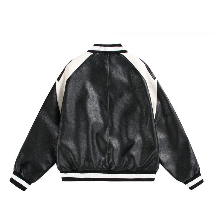Unisex Boxy Oversized Faux Leather Bomber Jacket with Contrast Panels and Ribbed Cuffs Mune Fashion