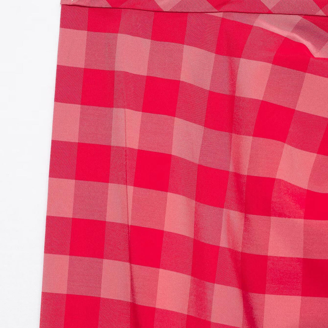 Women's midi skirt with Vichy check, wrap look and side ruffle Mune Fashion