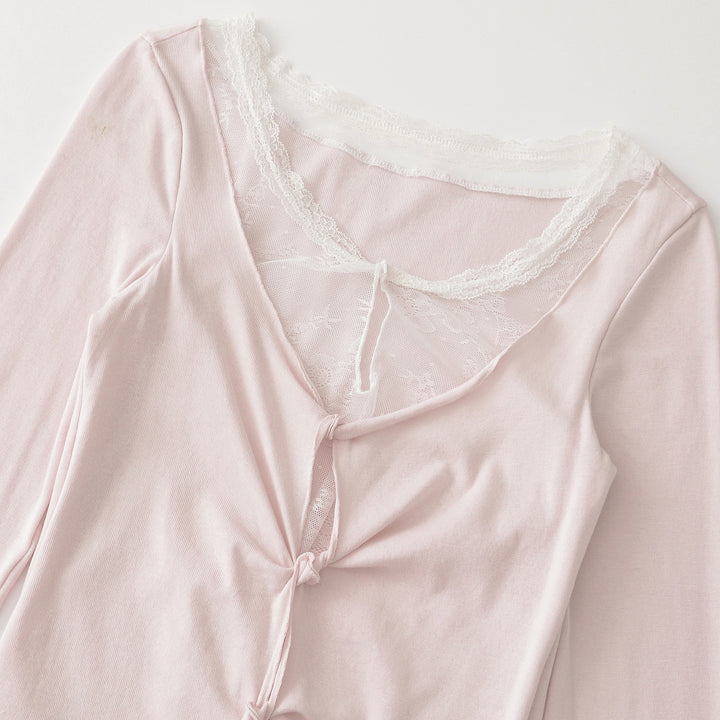 Women's Long Sleeve Fine Jersey Top with Lace Insert, Knot Front and Gathered Detail