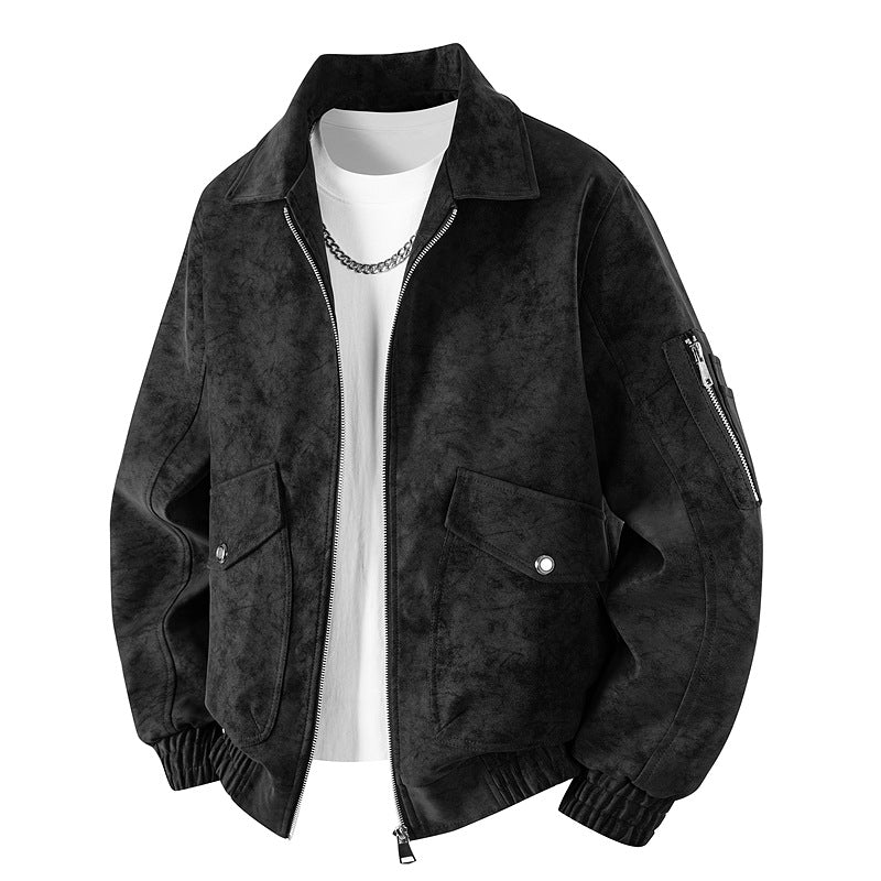 Men's Velour Leather Look Oversized Bomber Jacket with Utility Arm Pocket & Flap Pockets Mune Fashion