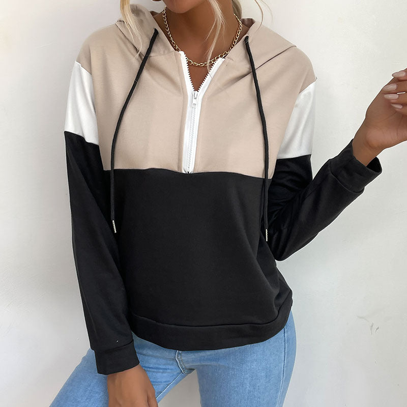 Women's hooded pullover with half zipper, color block design and drawstring Mune Fashion