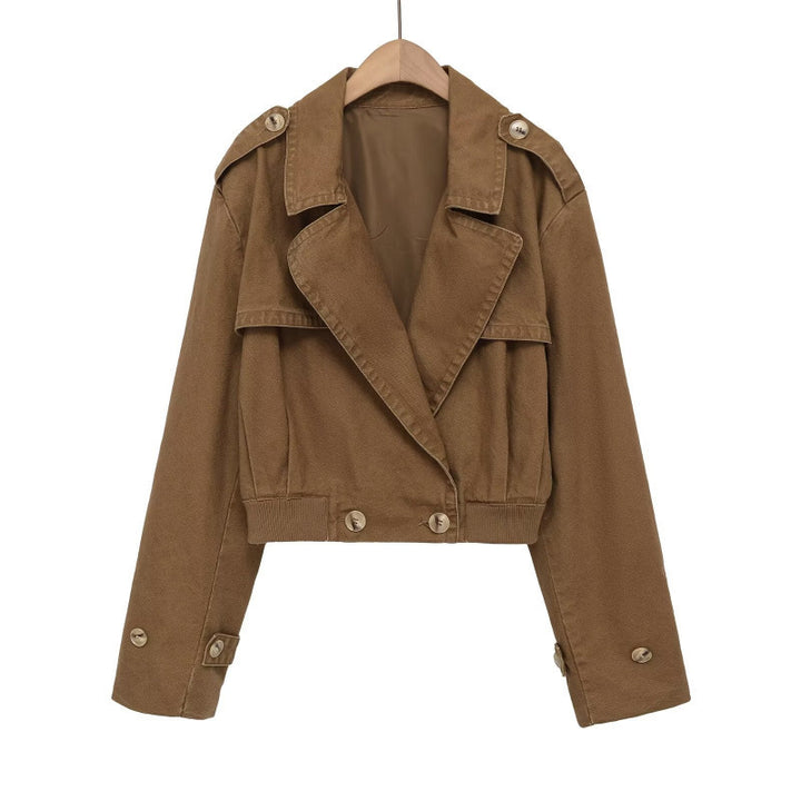 Women's Short Cut Utility Jacket in Field Style with Wide Lapels and Tailored Waistband Mune Fashion