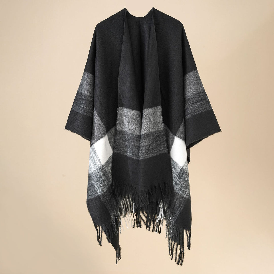 Women's Wool Blend Poncho with Check Pattern and Fringing Mune Fashion