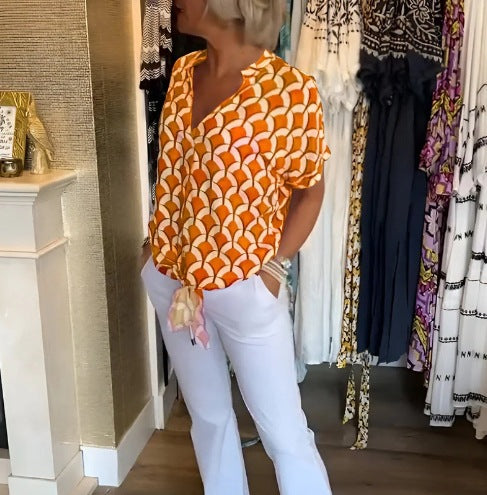 Women’s short-sleeved geometric blouse shirt with knot waistband and stand-up collar Mune Fashion