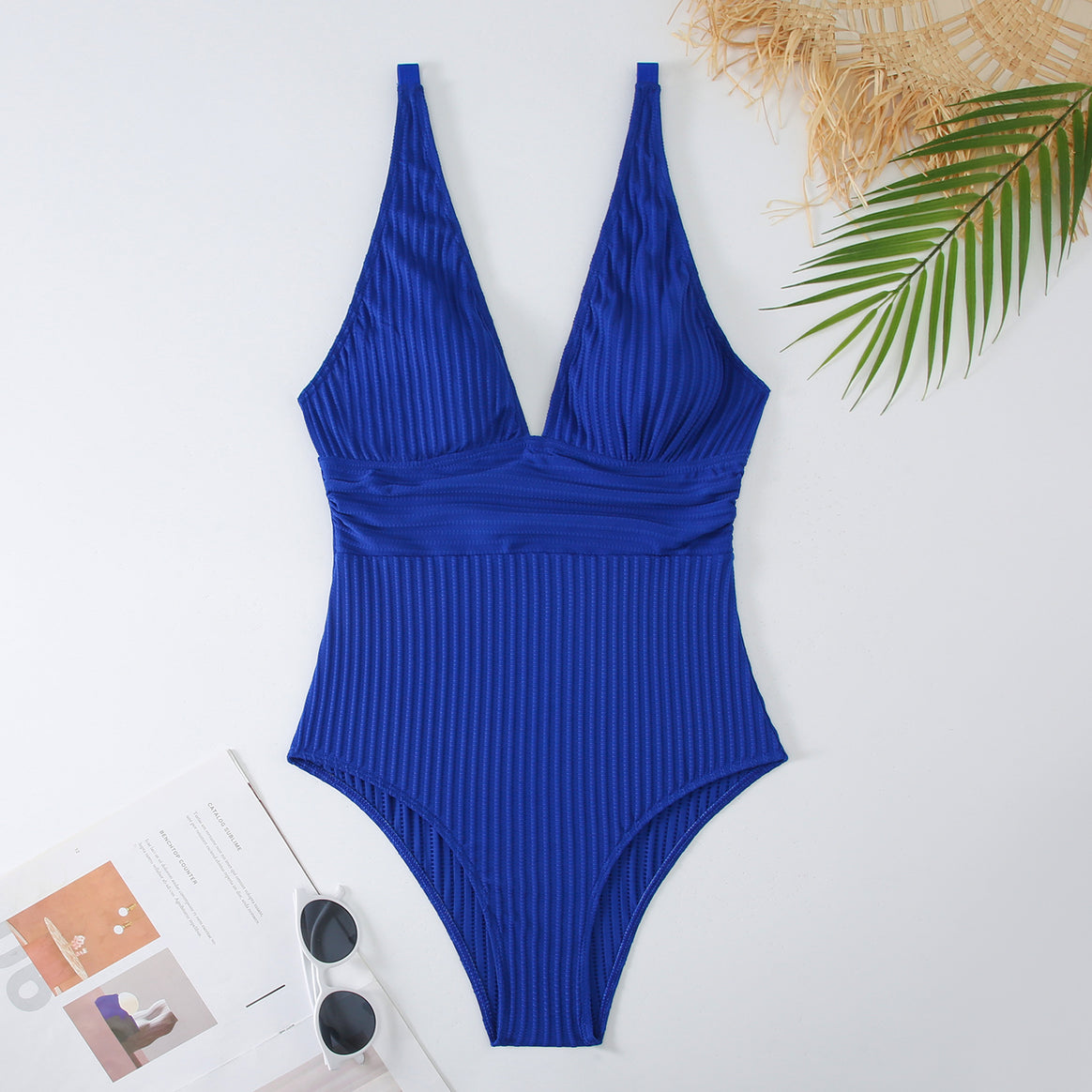 Women's one-piece swimsuit with deep V-neck and textured ribbed look Mune Fashion