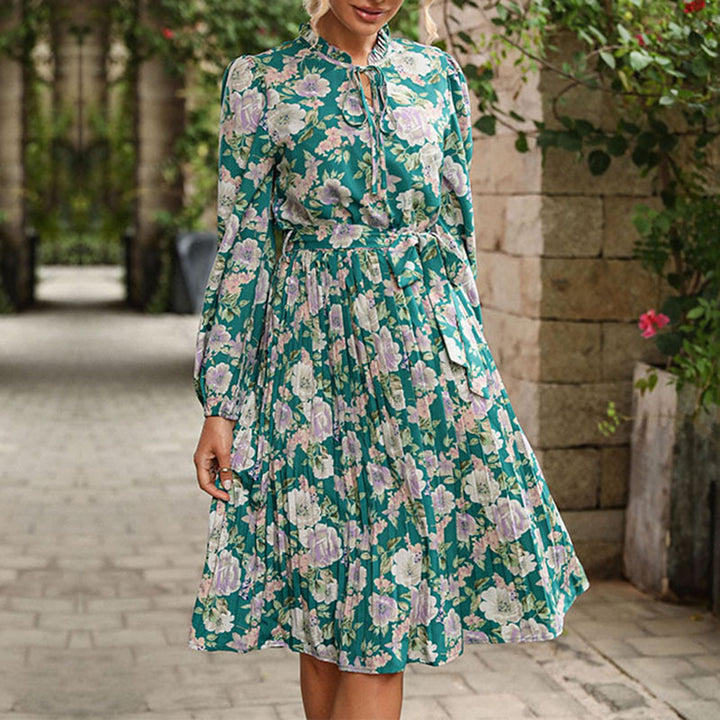 Women's Pleated Midi Dress with Stand Collar Bow, Puff Sleeves, and Removable Pearl Belt Mune Fashion