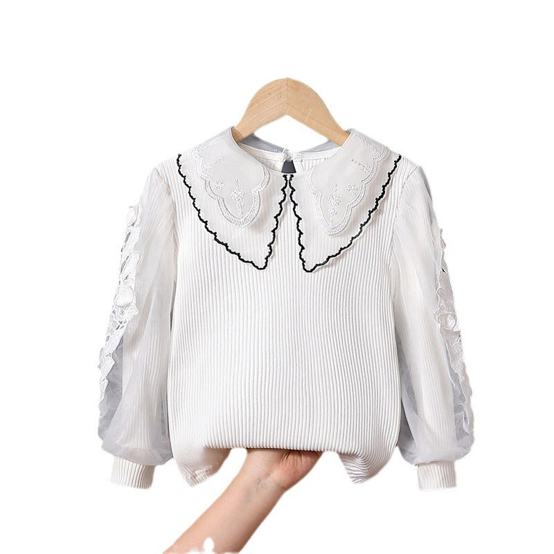 Girls fashionable blouse with elegant tulle sleeves and artistic lace decoration Mune Fashion
