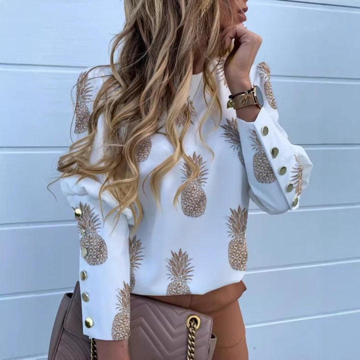Women's Printed Long Sleeve Blouse with Chain Pattern and Decorative Button Cuffs Mune Fashion