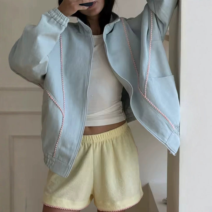 Women's Lightweight Cropped Bomber Jacket with Decorative Trims, Elastic Cuffs and Full-Length Zipper Mune Fashion