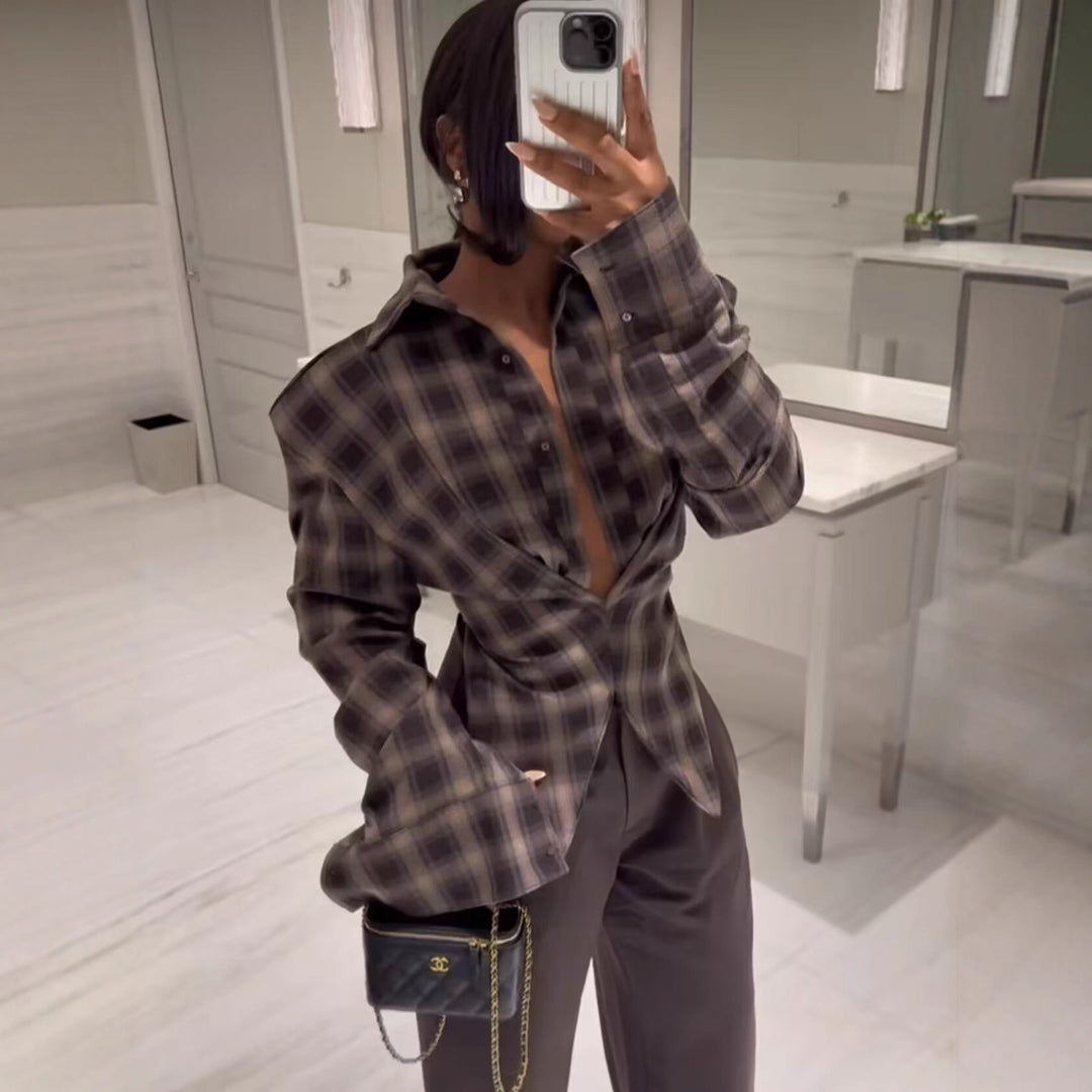 Women's Checked Oversize Shirt Jacket with Pointed Hem Mune Fashion