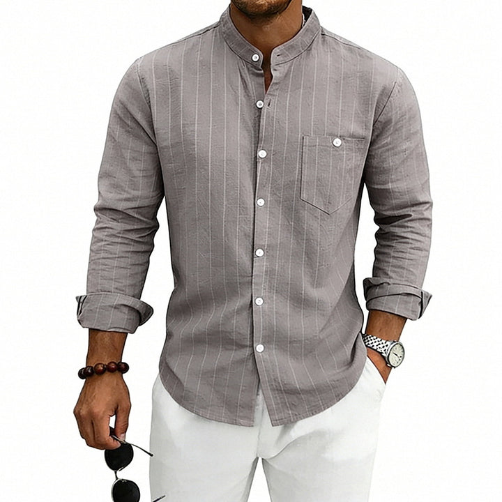 Men's breathable pinstripe long-sleeve shirt with stand collar, chest pocket, and rounded hem Mune Fashion