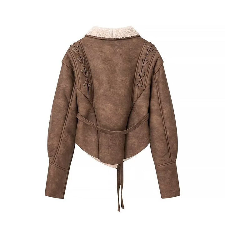 Ladies short jacket in aviator look with sherpa lining, tie belt and shoulder lacing Mune Fashion