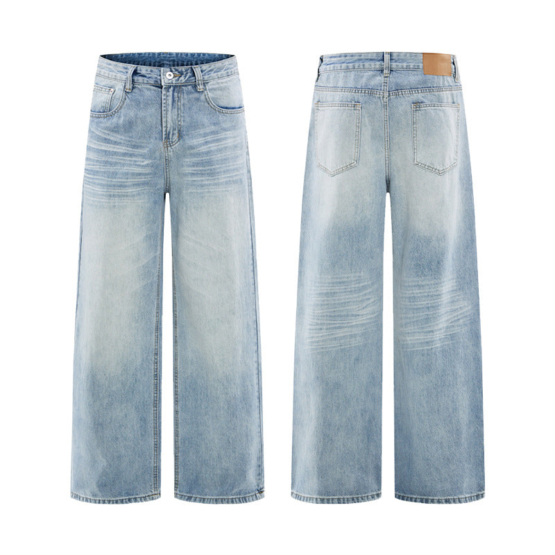 Men's Wide Loose Palazzo Denim Jeans with Drop Crotch and Light Used Wash Mune Fashion