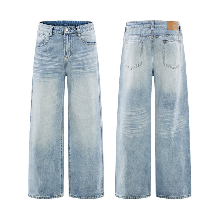 Men's Wide Loose Palazzo Denim Jeans with Drop Crotch and Light Used Wash Mune Fashion