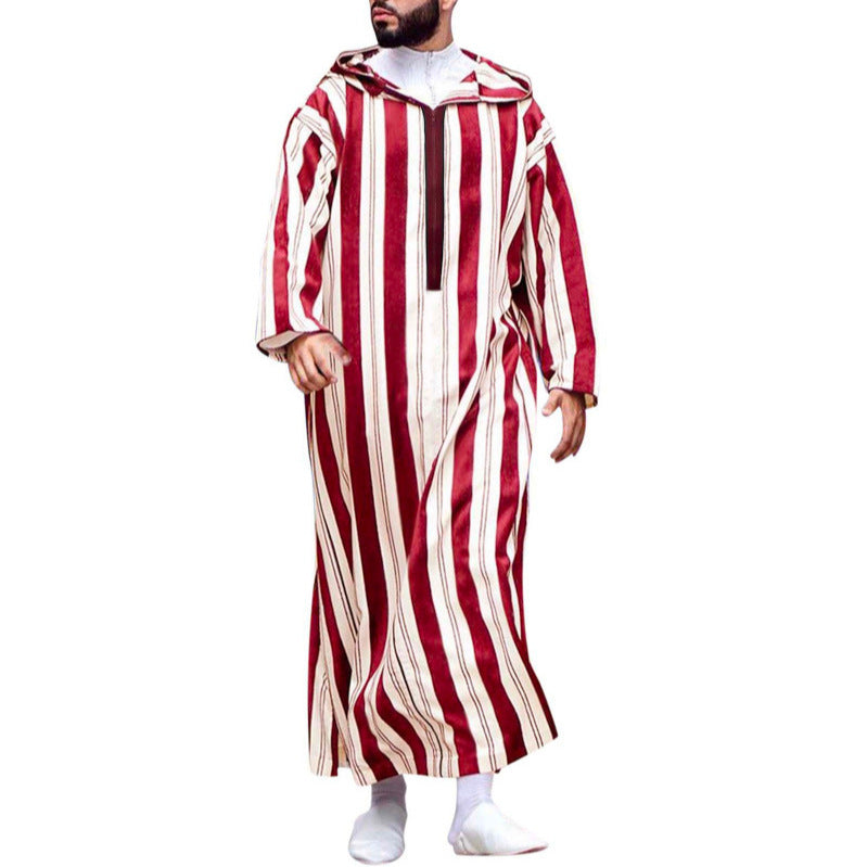 Ladies long hooded shirt dress with front zipper and vertical stripe pattern Mune Fashion