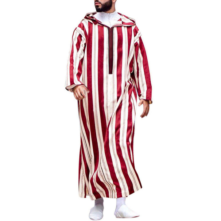 Ladies long hooded shirt dress with front zipper and vertical stripe pattern Mune Fashion