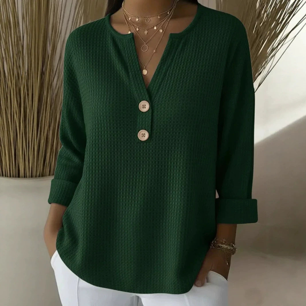 Women's waffle texture Henley shirt with V-neck, short button placket, and roll-up 3/4 sleeves Mune Fashion