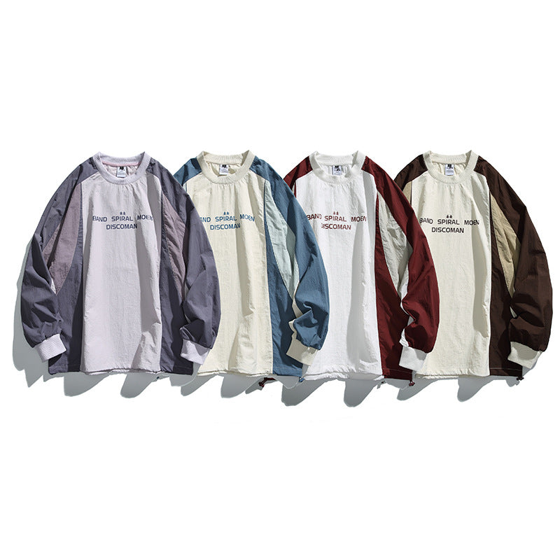 Unisex Loose Fit Colorblock Long Sleeve Shirt made of Lightweight Nylon Blend with Raglan Sleeves and Chest Print Mune Fashion