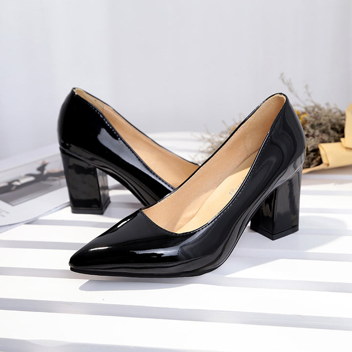 Women's Elegant Patent Pumps with Pointed Toe, Padded Comfort Insole, and Medium Height Block Heel Mune Fashion