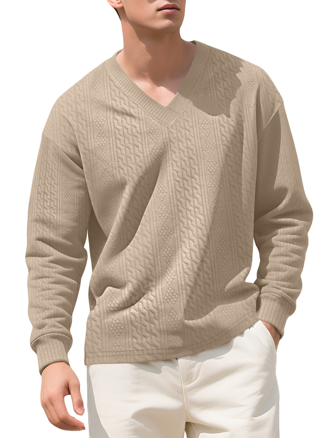 Men's structured V-neck knitted sweater with cable and honeycomb pattern Mune Fashion