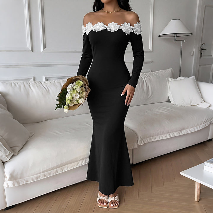 Women's Off-Shoulder Maxi Dress with Bardot Neckline, Body-Con Silhouette and Lace Floral Trim Mune Fashion