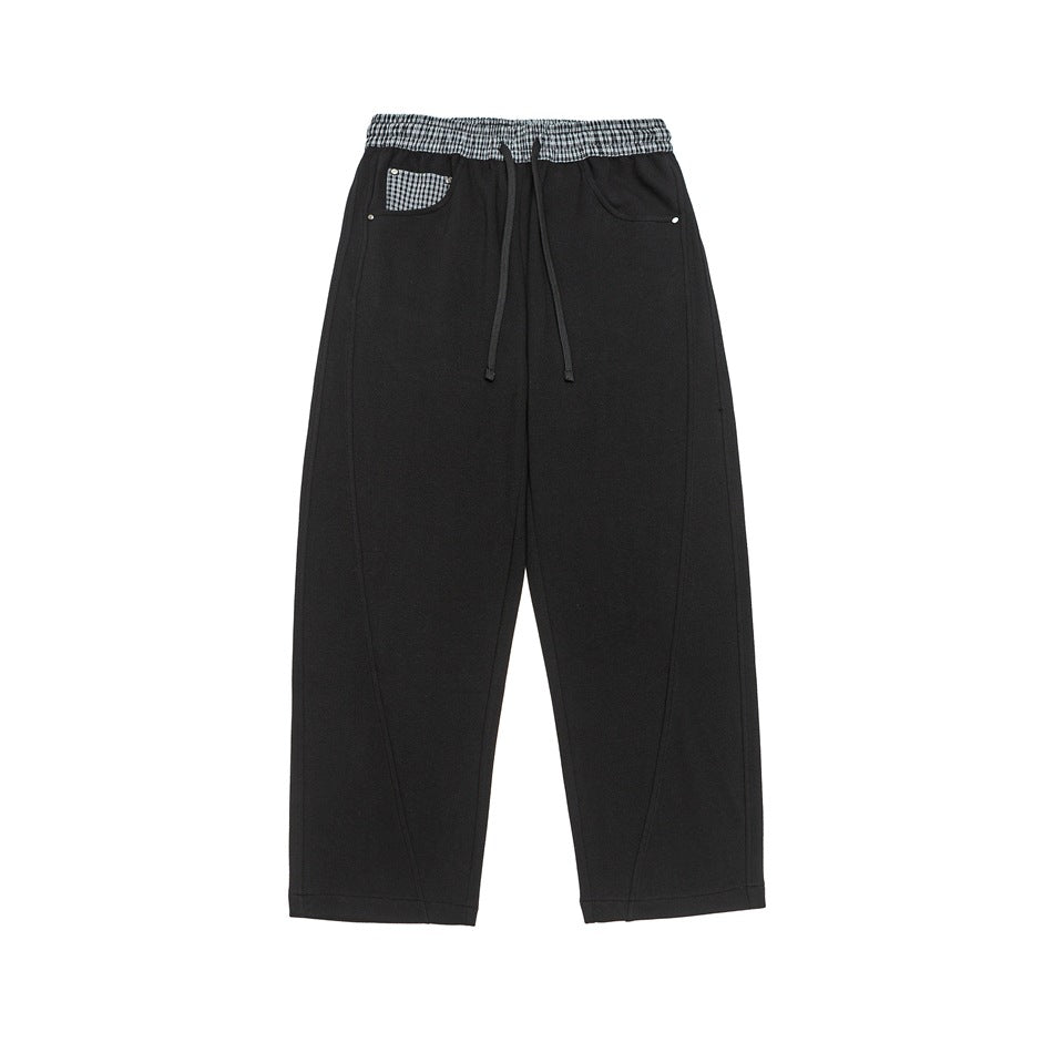 Women's Light Sweatpants with High Elastic Waistband, Check Pattern Trim and Wide Cropped Cut Mune Fashion