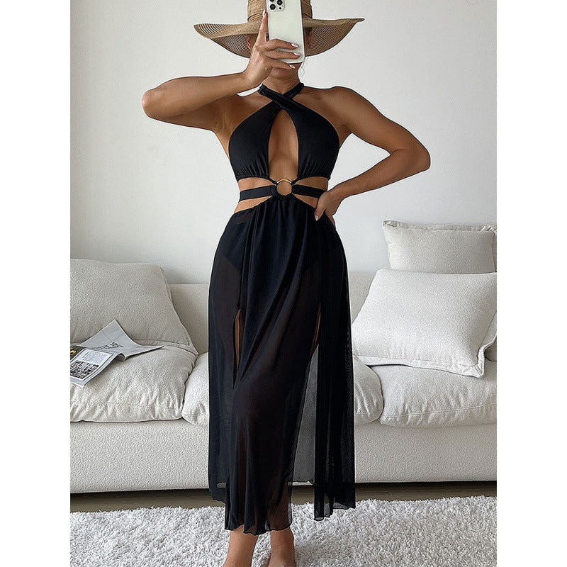 Women's beach dress with sophisticated wrap design and elegant cut-outs