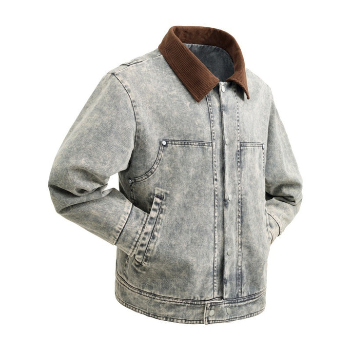Men's padded denim jacket with cord collar, snap button placket, and practical side pockets Mune Fashion