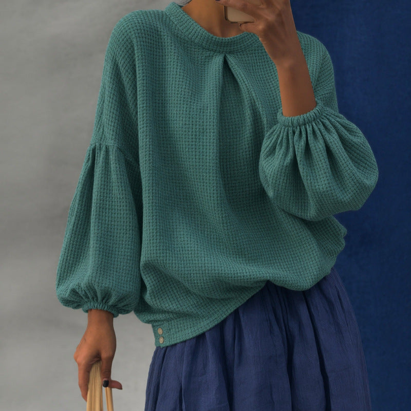 Women Oversize Waffle Knit Sweater with Balloon Sleeves and Pleat Mune Fashion