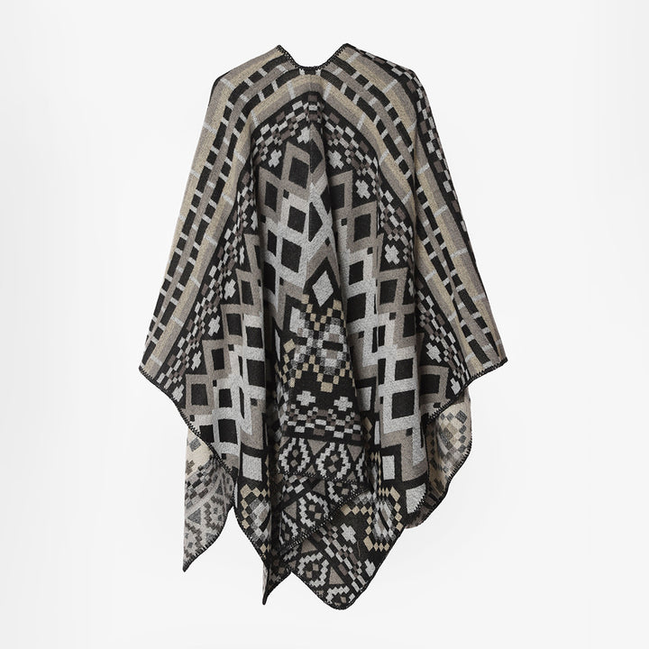Women Large-area Jacquard Cape Poncho with geometric-ethnic pattern and boxy silhouette Mune Fashion