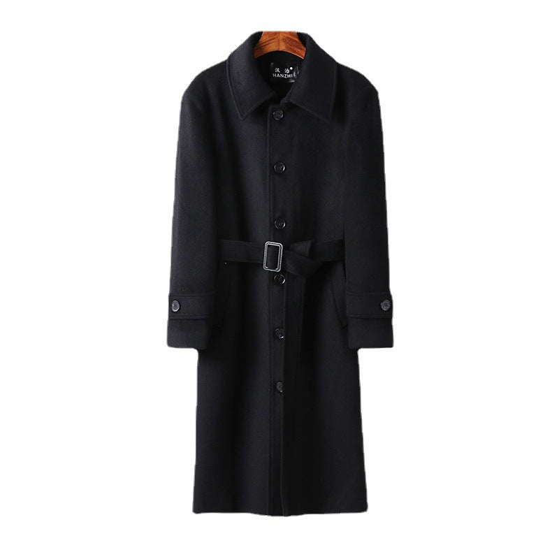 Men's tailored maxi long wool blend coat with tie belt and Kent collar Mune Fashion