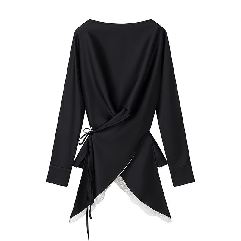 Women's Two-Piece Satin Set with Wrap Blouse, Lace Trim and A-Line Maxi Skirt Mune Fashion