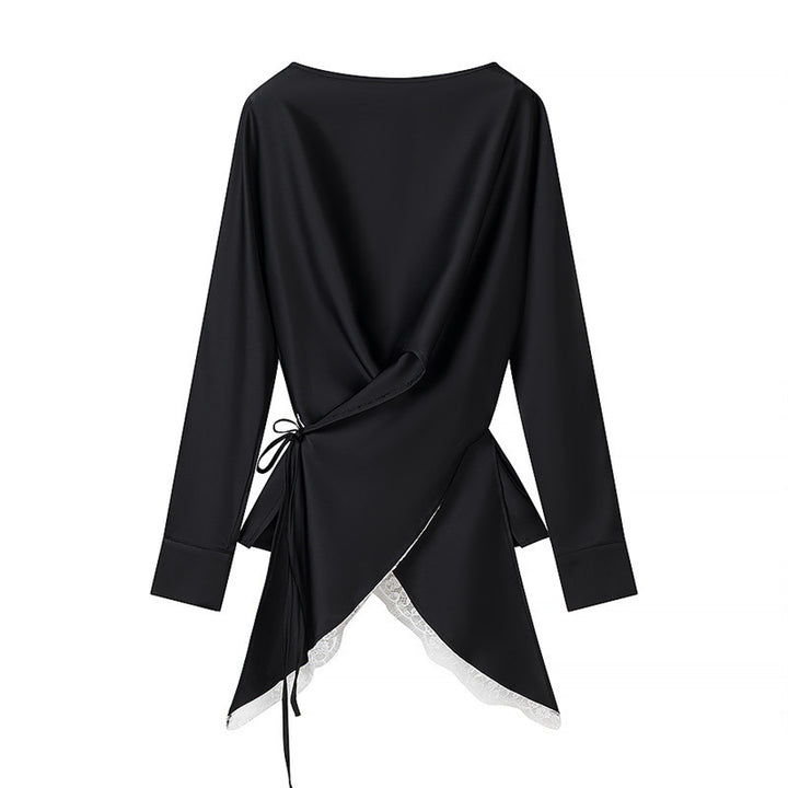 Women's Two-Piece Satin Set with Wrap Blouse, Lace Trim and A-Line Maxi Skirt Mune Fashion