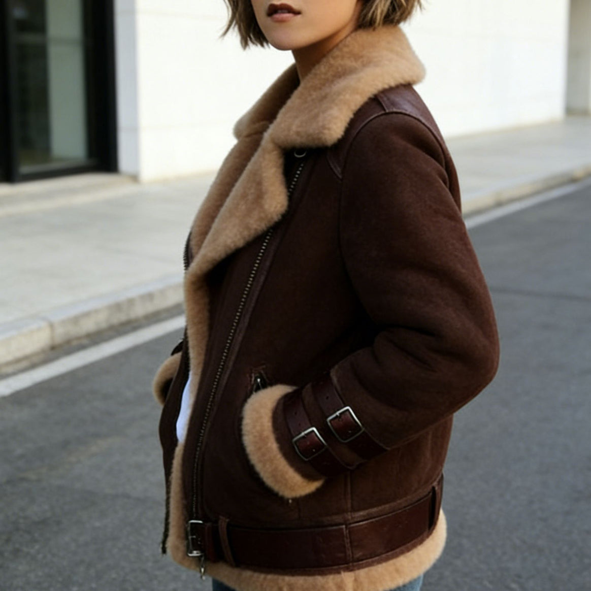 Women Short Bomber Jacket with Teddy Lining, Soft Lamb Fur Collar and Zipper Mune Fashion