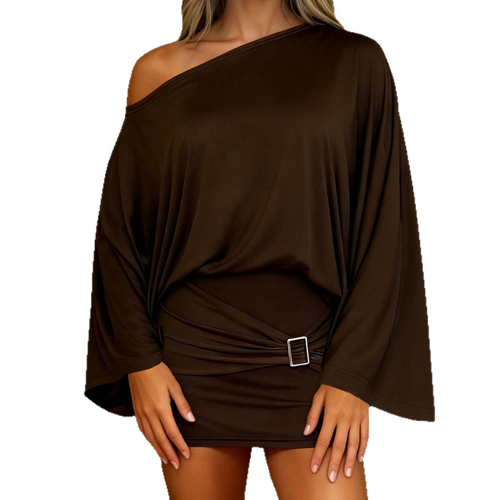 Women's Asymmetrical Draped One-Shoulder Top with Waterfall Sleeves and Waist Belt Mune Fashion