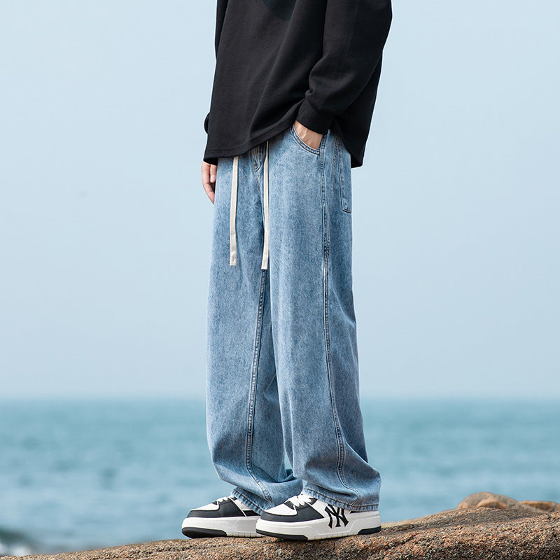 Men's Wide Vintage-Washed Baggy Jeans in Jogger Style with Drawstring Waistband and Ribbed Ankle Cuffs Drune