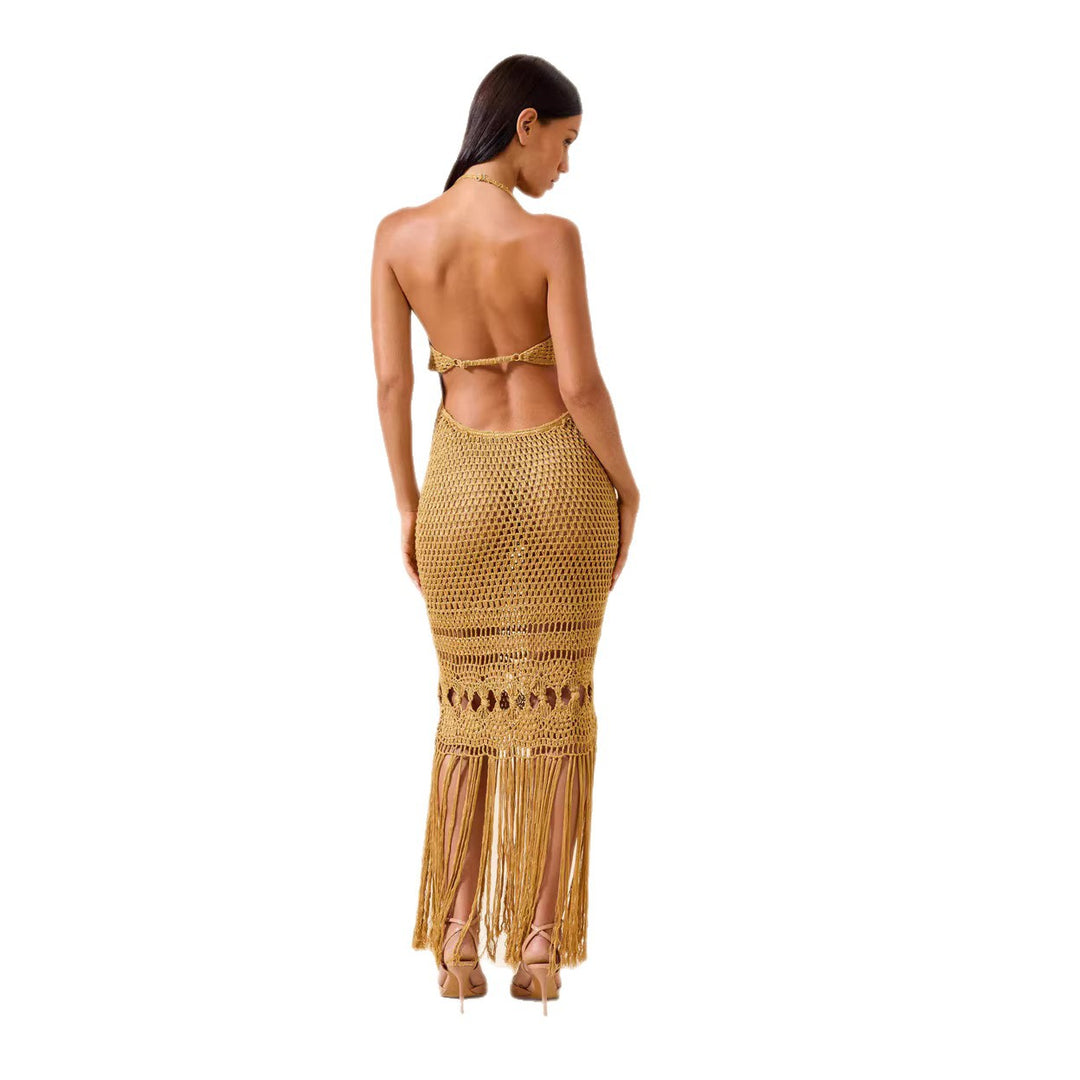Women's Crochet Beach Dress with Deep V-Neck and Creative Cut-Out