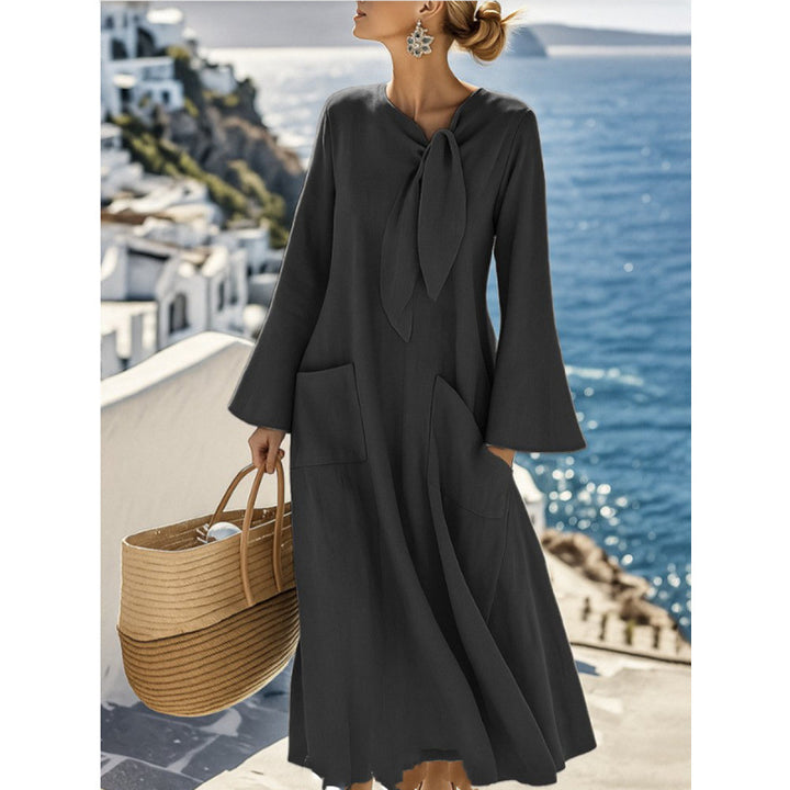 Women's Lightweight Maxi Dress with Bind Bow, Bell Sleeves and Patch Pockets Mune Fashion