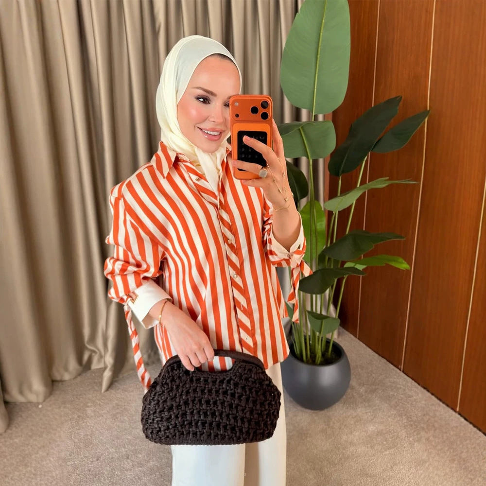Women Striped Oversize Shirt Blouse with Ties on Sleeves and Concealed Button Placket Mune Fashion