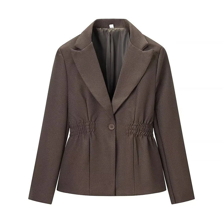 Women's tailored lapel blazer with elastic waist drawstring, single-breasted button placket, and quilted textured fabric Mune Fashion
