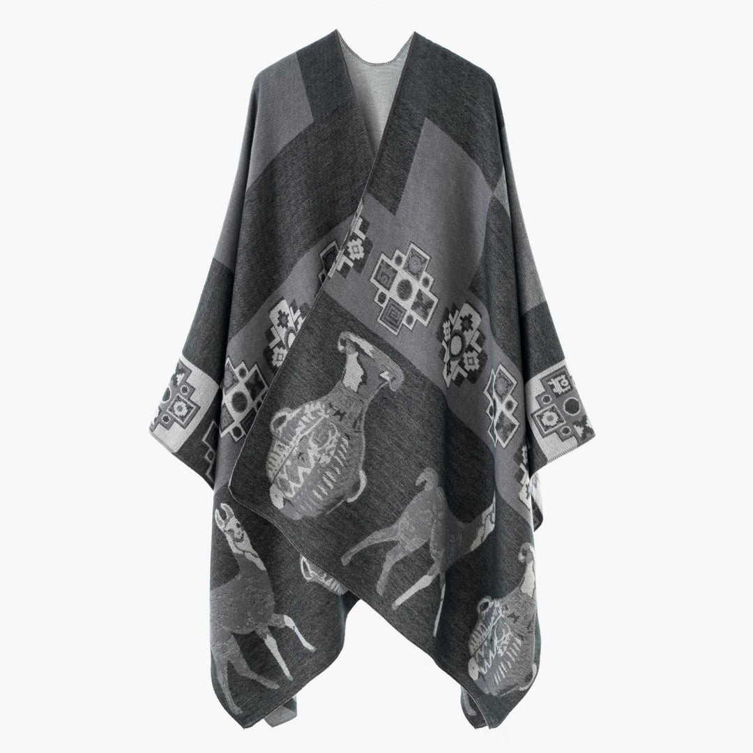Women's jacquard knit poncho with ethnic animal motifs and open kimono cut Mune Fashion