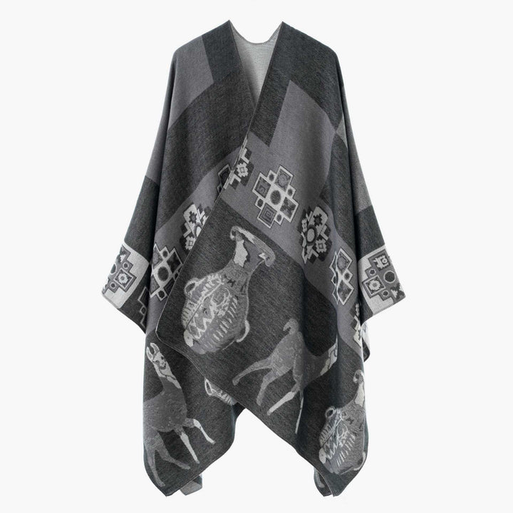Women's jacquard knit poncho with ethnic animal motifs and open kimono cut Mune Fashion