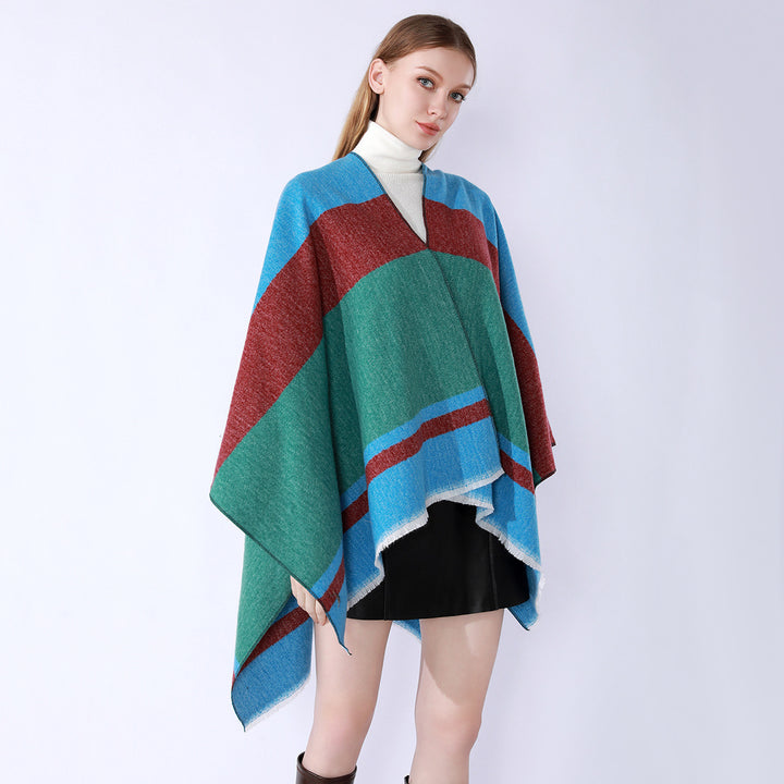 Women's Lightweight Cape Poncho made of fine knit with geometric block stripe design Mune Fashion