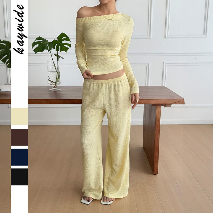 Women nan legeres Crinkle-Lounge-Set with Off-Shoulder Crop-Top and wide High-Waist Palazzo pants Mune Fashion