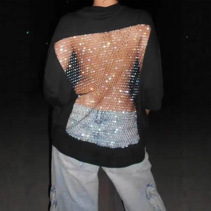 Women's oversized T-shirt with transparent mesh back, rhinestone embellishment and jeans print Mune Fashion
