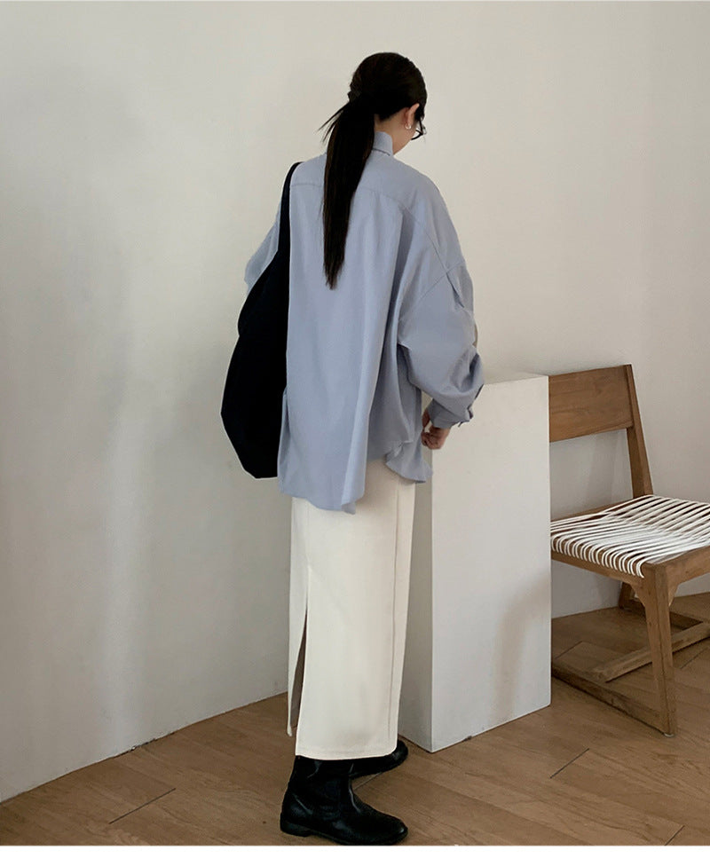 Women's Loose Oversize Shirt with Stand Collar, Extended Back and Drop Shoulders Mune Fashion