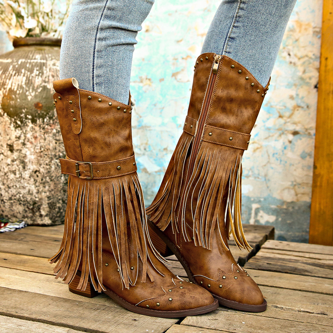 Women nan western boots with fringes, studs, and buckle straps Mune Fashion