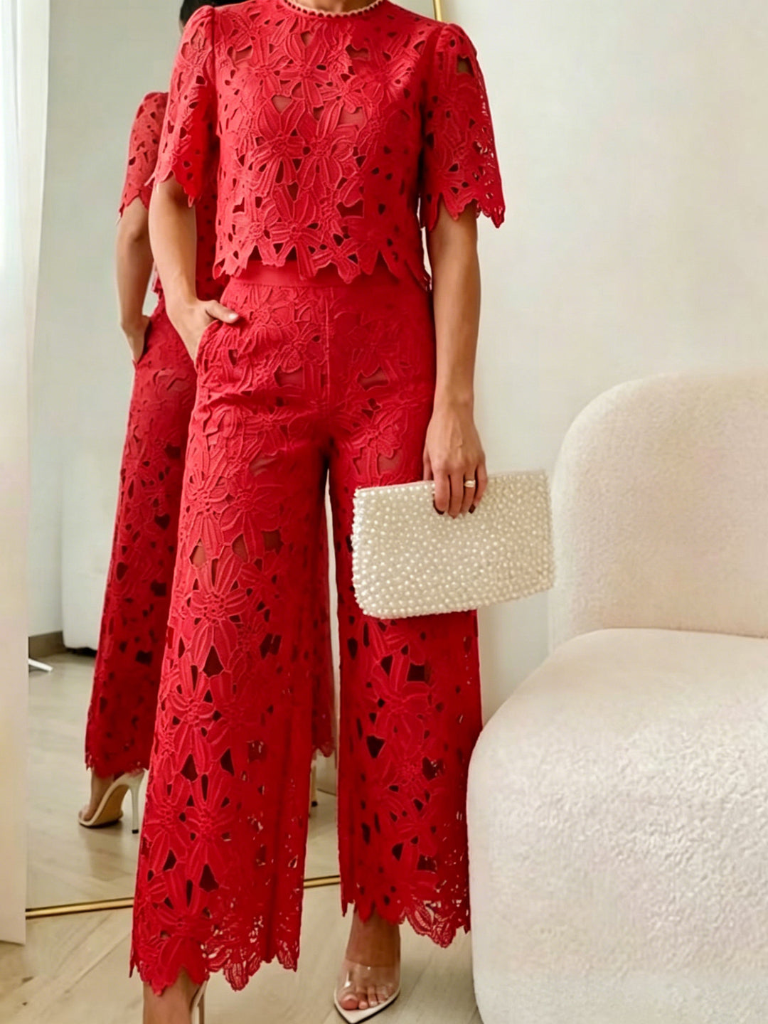 Ladies' two-piece set in Guipure lace with a cropped top, scalloped hem, and high-waisted wide Palazzo pants Mune Fashion